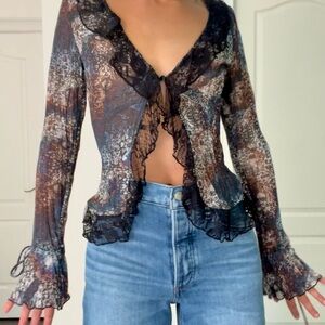 Lace Trim Long Sleeve Going Out Top blouse - Tiger Mist - XSmall